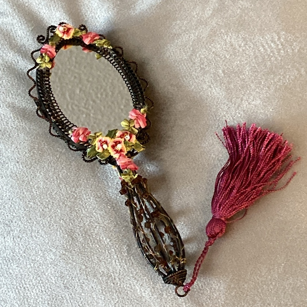 NWOT - Embroidered Oval Vanity Hand Held Mirror With Tassel